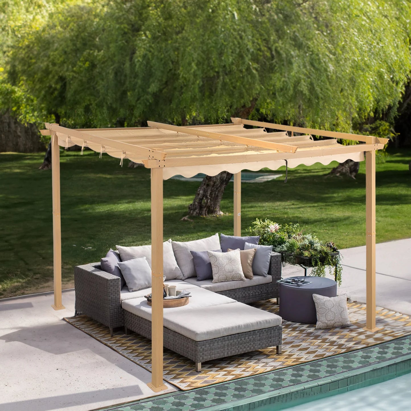 Pergola Angel Living en aluminium 3 × 3 m, jaune crème – Toit rétractable UV50+, tubes de toit en acier, revêtement par poudrage