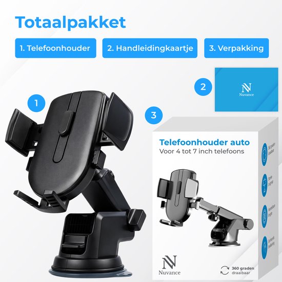 Supports de téléphone Nuvance pour voiture - Support pour téléphone portable - 360° - Ventouse pour vitre et tableau de bord - Support de téléphone