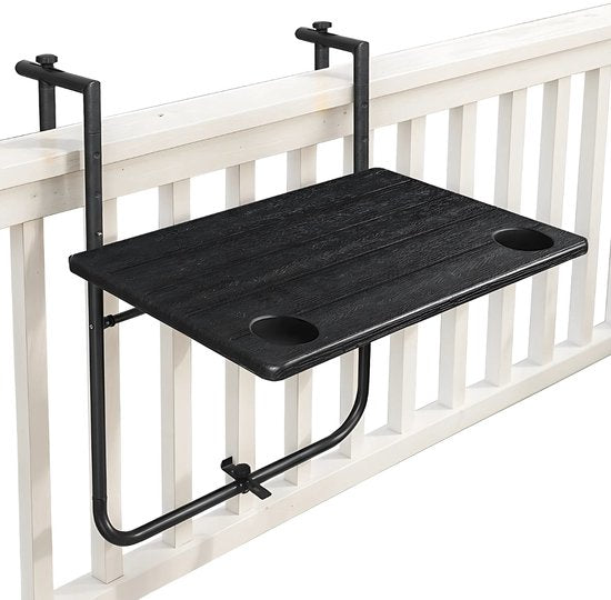 Goliving Table de balcon - Pliante - Suspendue - 60 x 40 cm - Réglable en 3 hauteurs - Résiste aux intempéries - 2 porte-gobelets - Noir