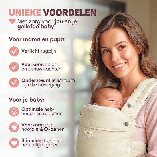 Vulpes Goods® BabyCare - Porte-bébé - Porte-bébé ergonomique 0-36 mois - Porte-bébé ventral de luxe jusqu'à 20 kg - Coton OEKO-TEX® - Confort mains libres - Avec support dorsal et position M - Crème