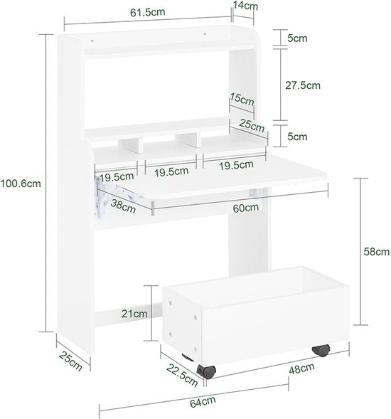 Table pliante murale SoBuy FWT105-II-W - Table pliante multifonctionnelle peu encombrante avec roulettes - Bureau pliant avec tiroir et étagères - Blanc