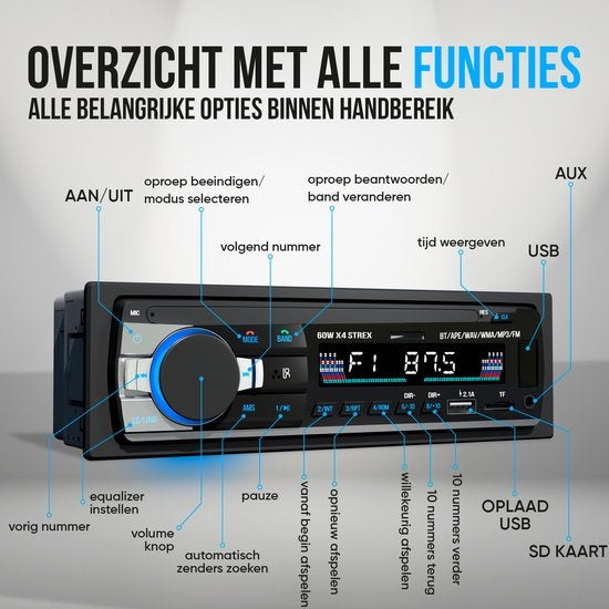 Autoradio Bluetooth - Strex - Compatible tous véhicules - USB - AUX - Mains libres - Noir
