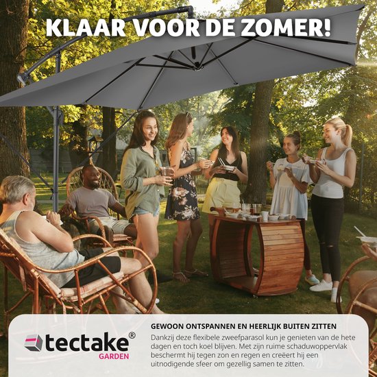 tectake® - Parasol Apollon square 250 x 250 cm - Avec protection contre le vent et housse de protection - gris