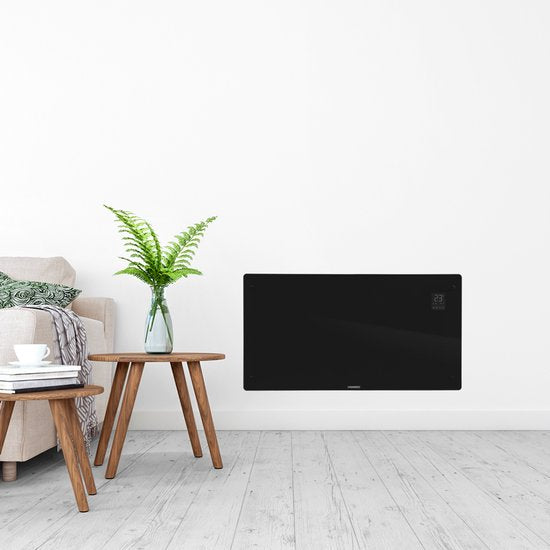 Chauffage électrique de luxe VONROC  - Convecteur avec panneau en verre - 1250W/2500W- Chauffe les pièces jusqu'à 30m2 - Contrôlé par l'application (via Wifi) et manuellement - Thermostat et minuterie réglables - Noir
