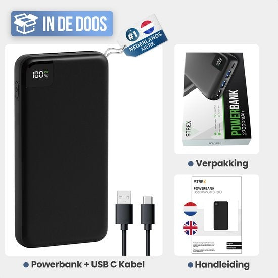 Batterie externe - Strex - 27 000 mAh - Chargeur rapide 22,5 W - USB-A/USB-C - Powerbank adapté à iOS/Android - Noir