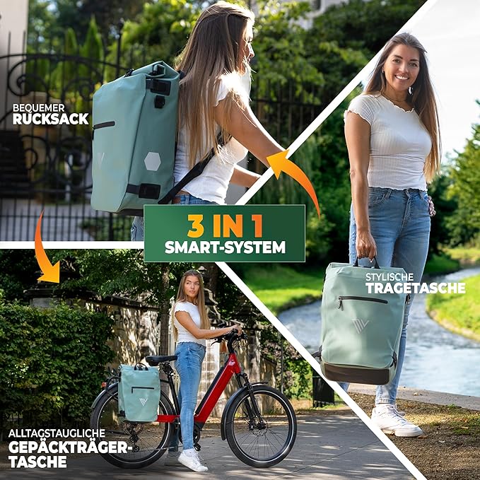 MIVELO 3-in-1 Pannier - Sac à dos et sac à bandoulière - Imperméable - Comprend un compartiment pour ordinateur portable - 20L - Mint