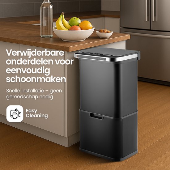 Poubelle Hom&Com à 3 compartiments, 60 L, noire – Poubelle automatique à capteur – Couvercle à fermeture douce, fonction ozone et filtre anti-odeurs pour le tri sélectif des déchets