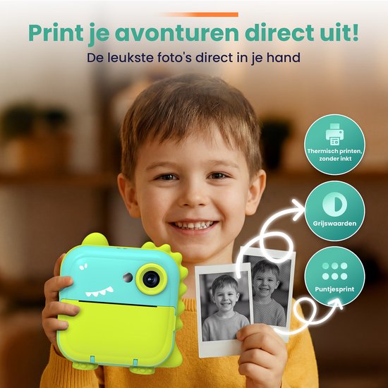 ODESSEY Caméra pour enfants avec imprimante - Full HD - Caméra Selfie - Carte SD 32GB - Photo - Vidéo - Jeux - Caméra numérique pour enfants - Caméra photo pour enfants - Dino