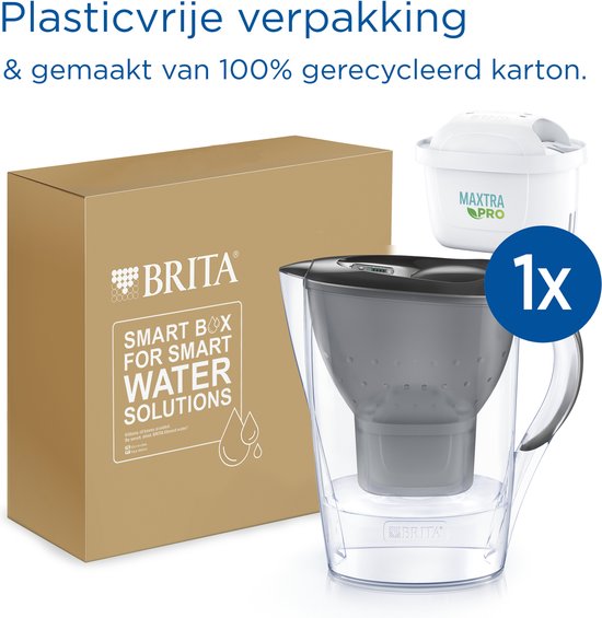 Carafe filtrante BRITA Marella Grise - 2,4 L – avec 1 cartouche filtrante MAXTRA PRO Pure Performance – Tient dans le réfrigérateur - Filtre l'eau potable pour éliminer le calcaire, le chlore, les PFAS, les herbicides, les pesticides et plus encore*