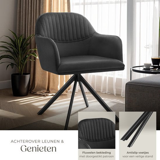tectake® Chaise pivotante en velours - Chaise de bureau - Chaise de salle à manger avec accoudoirs - Chaise de bureau en velours, chaise de cuisine, chaise de salon - 56 x 59 x 81 cm - Noir/noir