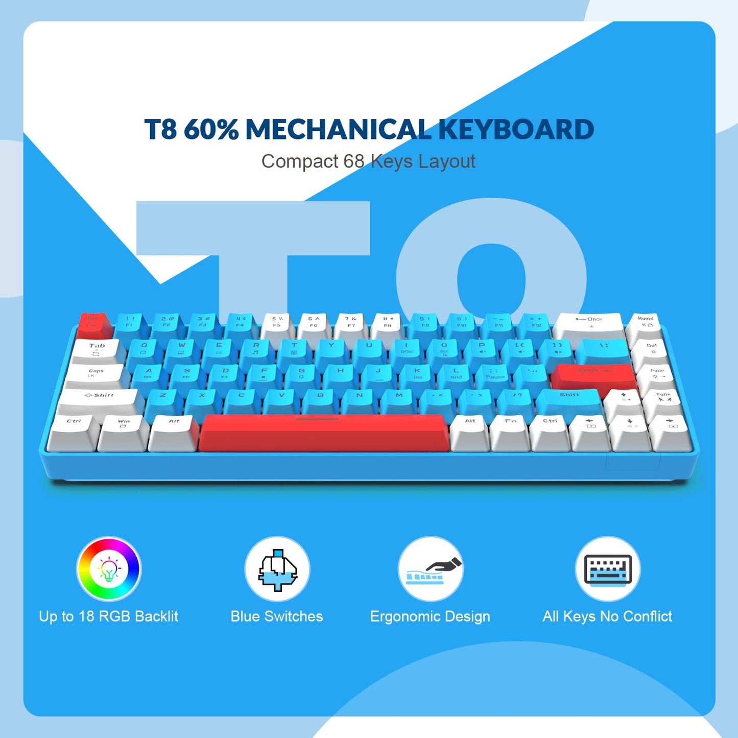 Clavier gaming YINDIAO T8 60 %, 68 touches, compact, filaire, mini-clavier mécanique avec rétroéclairage Chroma RGB à 18 couleurs, commutateurs rouges, câble spiralé USB-C, pour PC et Mac — gris clair