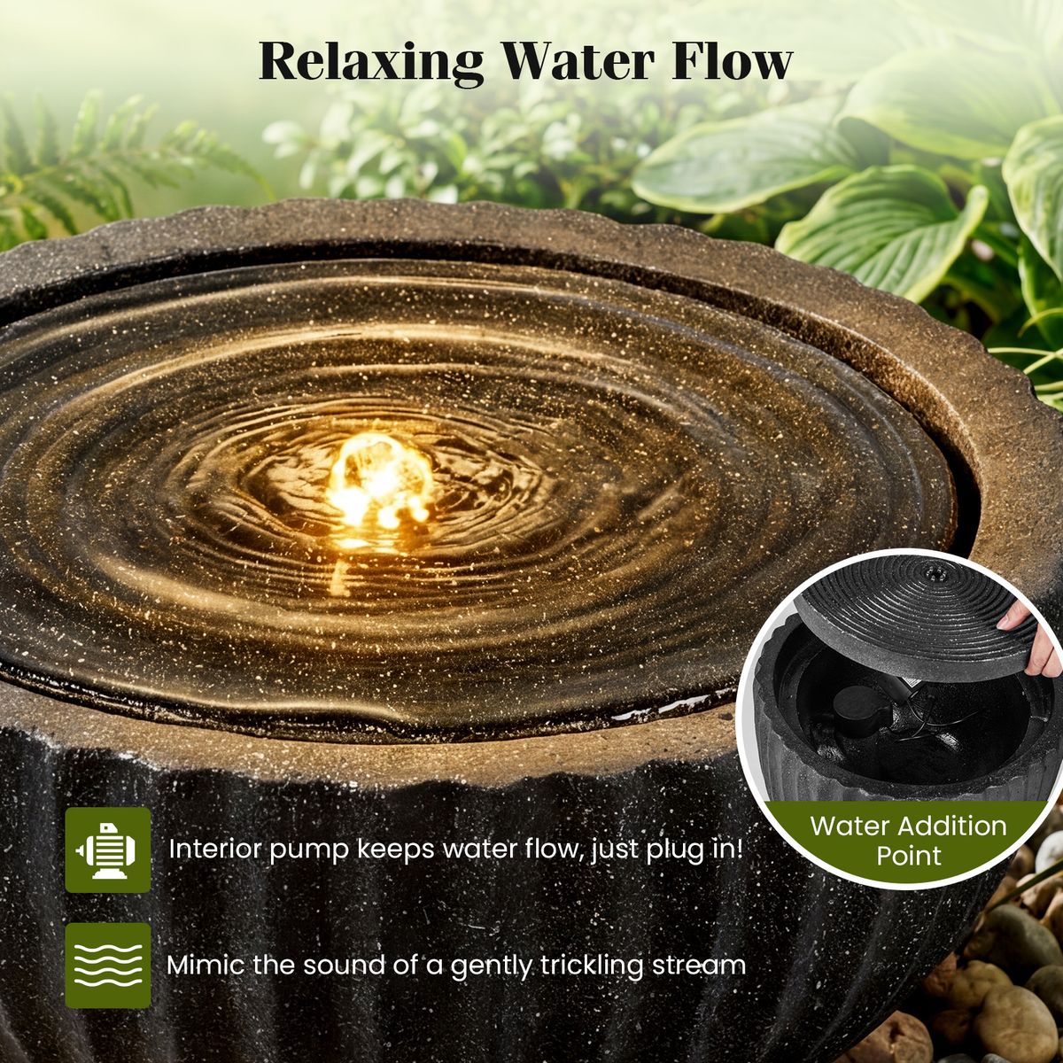 Fontaine de jardin ronde Coast - avec éclairage LED - aspect pierre - 45 x 45 x 23,5 cm - noir