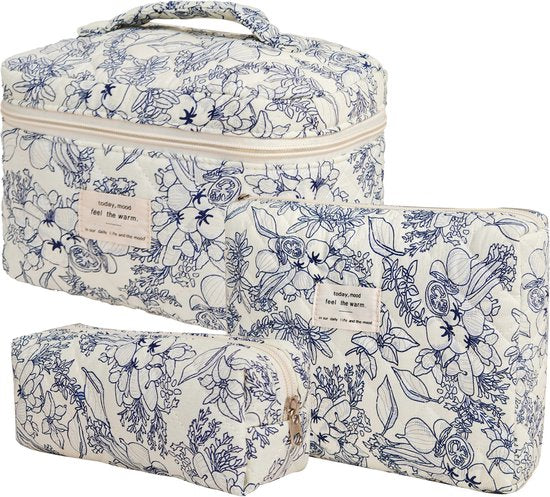 Skycases Travel Essentials - Trousse de maquillage 3 pièces - Coton écologique - Organisateurs floraux matelassés - Spacieuse, durable et idéale pour les voyages