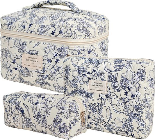 Skycases Travel Essentials - Trousse de maquillage 3 pièces - Coton écologique - Organisateurs floraux matelassés - Spacieuse, durable et idéale pour les voyages