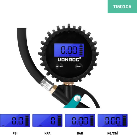 VONROC PRO Pompe à pneu - Pompe à vélo - 3 en 1 : pomper, mesurer la pression et purger - Manomètre digital - Convient aux compresseurs et à l'air comprimé - 10 bar - Jeu de tête universel EURO/DIN 7,2mm - Accessoires inclus.