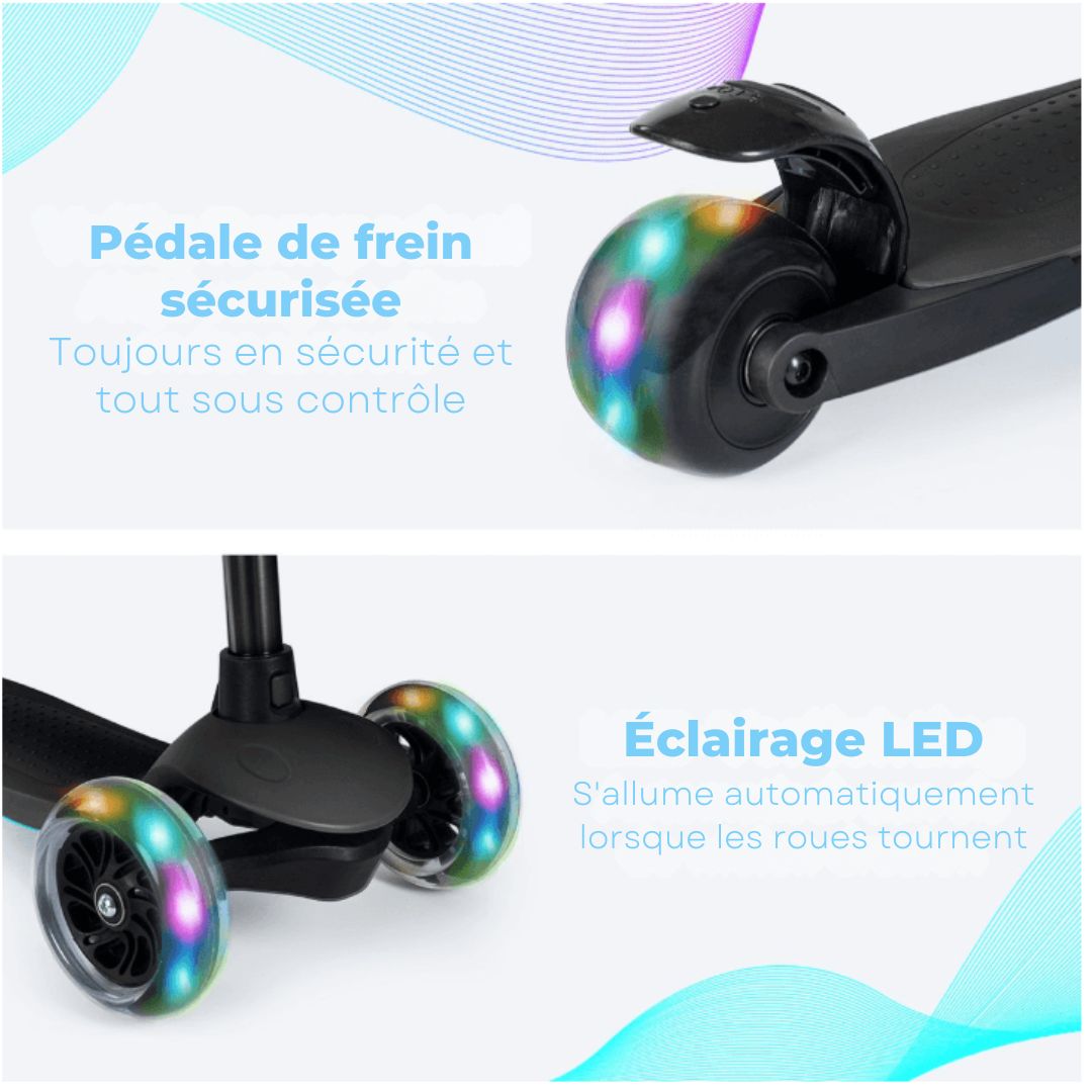 Scooter pour enfants LifeGoods HappyStep - Étape 2-5 ans - 3 roues lumineuses - Garçons/Filles - Noir