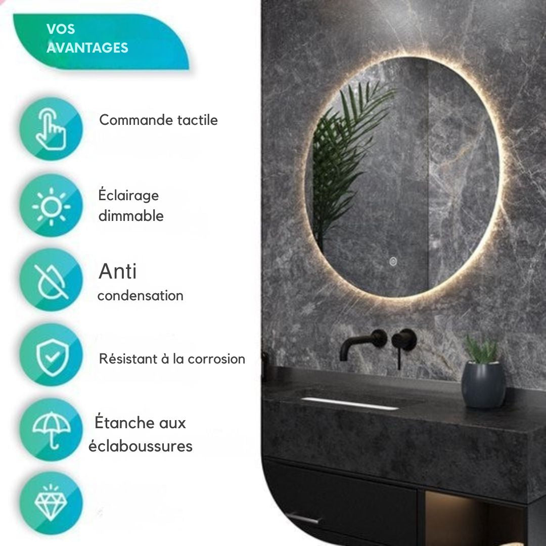 Miroir de salle de bain - Mirlux - avec éclairage LED et chauffage - rond - anti-condensation - 80CM