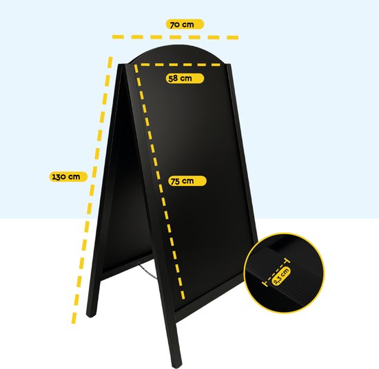 Panneau de trottoir à craie BRASQ « Elegance » Noir - 70 x 130 cm - Tableau à craie - Panneau publicitaire - Panneau de trottoir - Double face - Pour l'intérieur et l'extérieur - Restauration