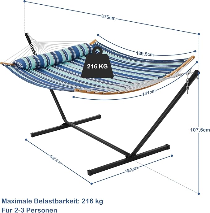 Hamac Yaheetech XXL avec support - Rayures bleues - Hamac réglable pour 2 personnes avec coussin et sac de transport