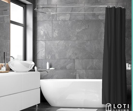 Loti Living Rideau de douche anti-moisissure - Noir - Anneaux inclus - Imperméable - Polyester - Rideau de douche 180x200 cm