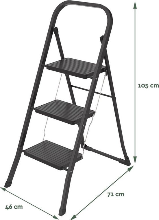 BRASQ Échelle ménagère 3 marches noire - Échelle de cuisine en métal pliable pour usage privé et professionnel - Échelle - Antidérapante