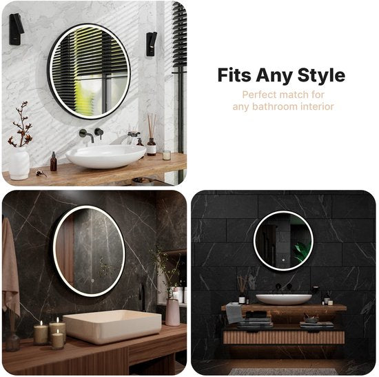 Miroir de salle de bains Mirlux avec éclairage LED et chauffage – Miroir mural rond – Miroir de douche anti-buée – 80 cm – Cadre noir