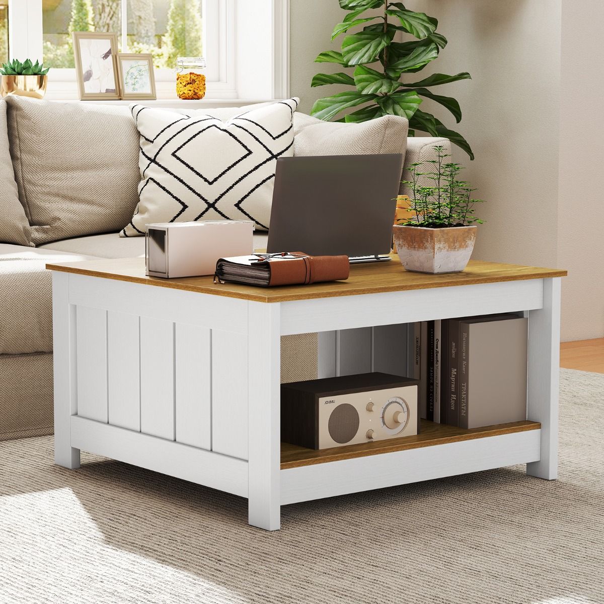 Table basse Coast en bois - 2 niveaux - Espace de rangement - Naturel et blanc - 80 x 80 x 45 cm