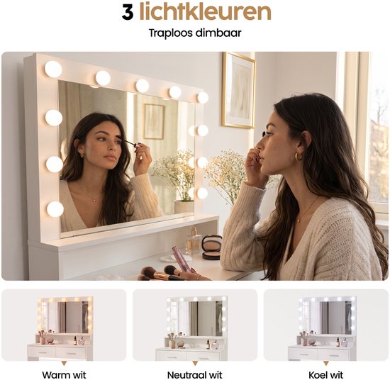 Table de maquillage Infinity Goods - Avec miroir et 11 lampes LED - Nombreux rangements - Intensité lumineuse réglable - Blanche