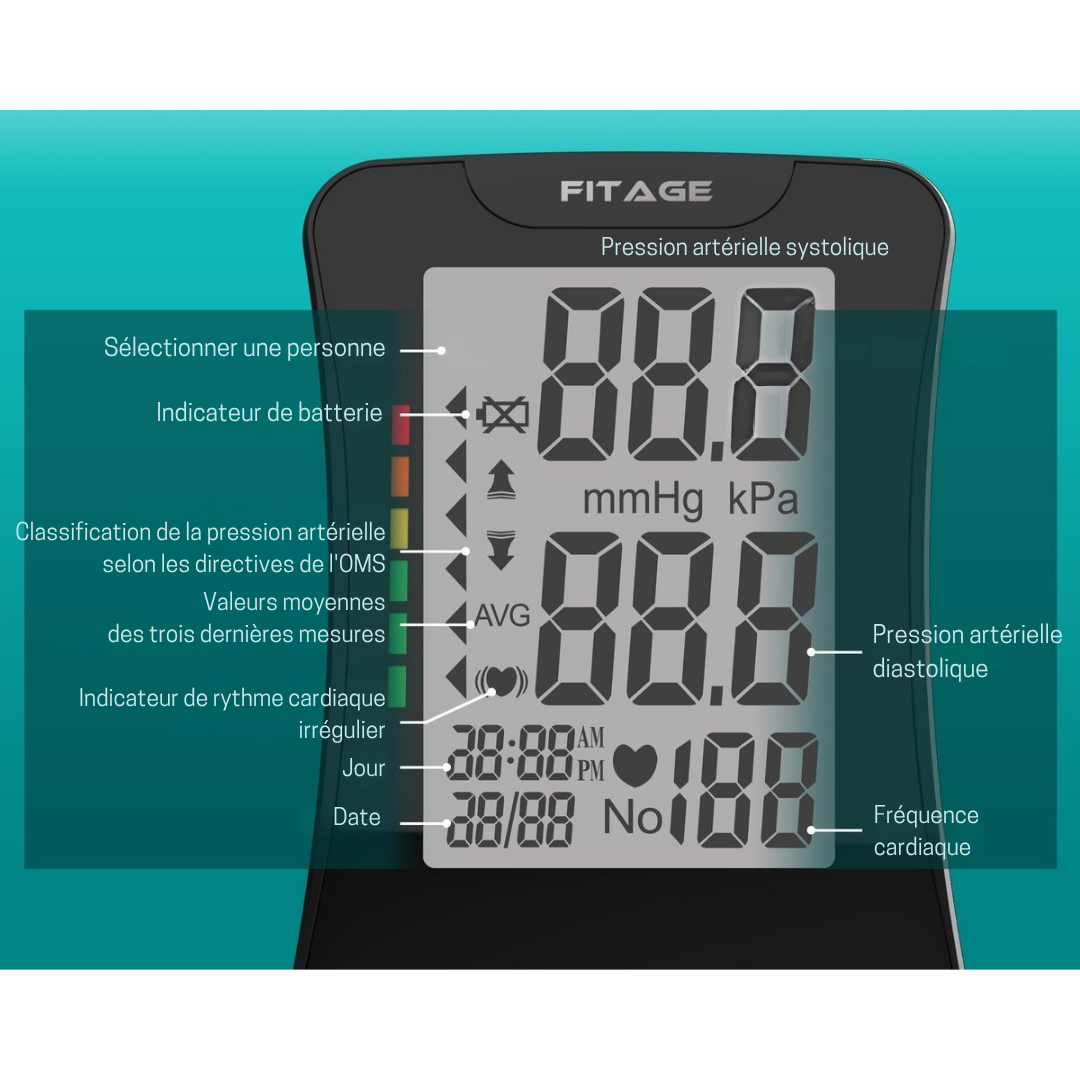 FITAGE - Tensiomètre médical -  Moniteur de Pression Artérielle - Fréquence Cardiaque - Brassard 22 à 42cm - Noir