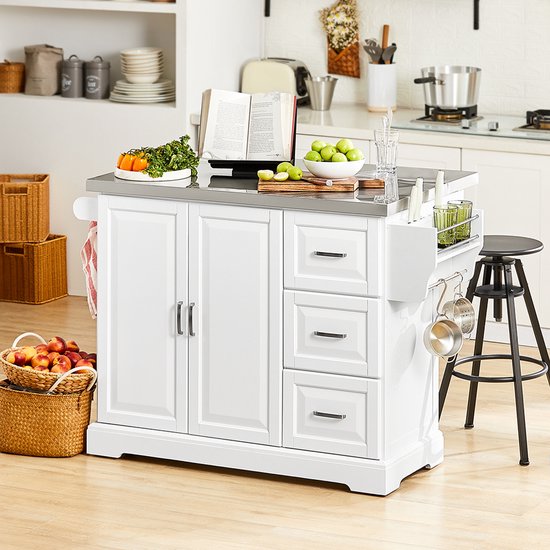Chariot de service SoBuy - Chariot de cuisine blanc avec plateau rabattable - 3 tiroirs, 2 portes, étagères réglables | FKW41-II-ST