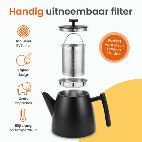 Goliving Théière avec filtre - 1 litre - Théière - Double paroi - Acier inoxydable - Infuseur de thé - Mat - Noir