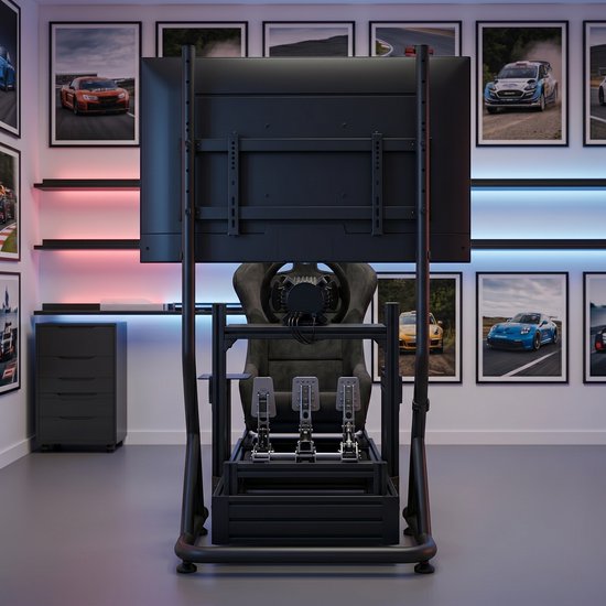 VDD Gaming - Support d'écran - Support d'écran pour simulation de course - Universel - 32" à 55" - Autoportant - Réglable - Verrouillable - 72 x 48 x 123 cm - 50 kg - Noir