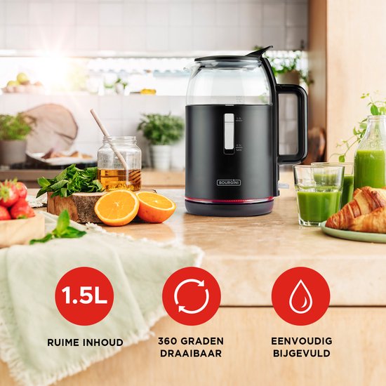 Bouilloire en verre Bourgini - Noir mat - Utilisation sans fil - Remplissage facile par le couvercle - Grande capacité de 1,5 L - Sans BPA