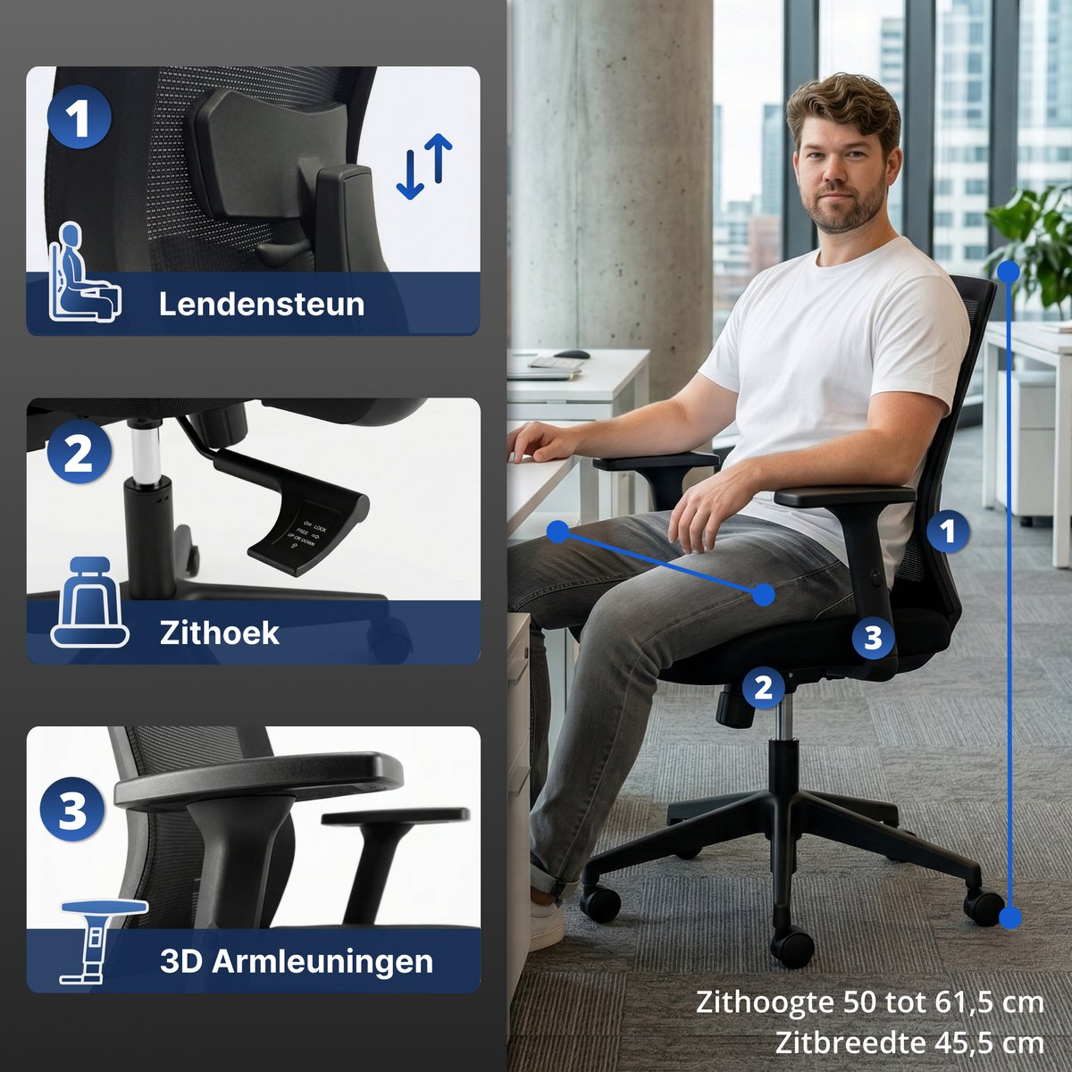 Chaise de bureau Backerz Low Mesh noire - Profondeur d'assise : 51 cm - Ergonomique - Jusqu'à 140 kg