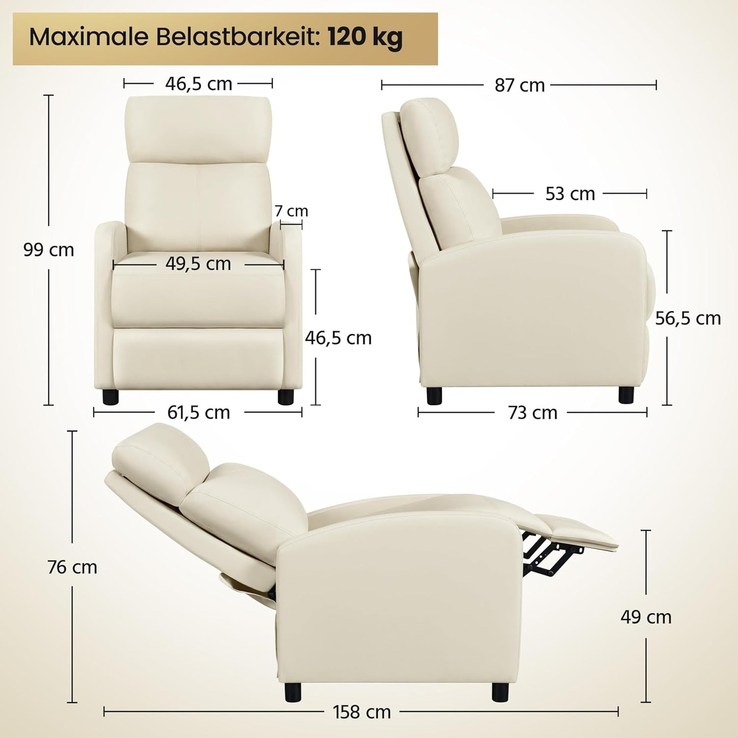 Fauteuil de détente Yaheetech XL - Fauteuil inclinable avec repose-pieds - Simili cuir beige - 87 x 61,5 x 99 cm