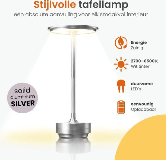Goliving Lampe de table rechargeable - Sans fil et dimmable - Lampe tactile moderne - Lampe de nuit pour chambre à coucher - Anti-éclaboussures - 27 cm - Silver