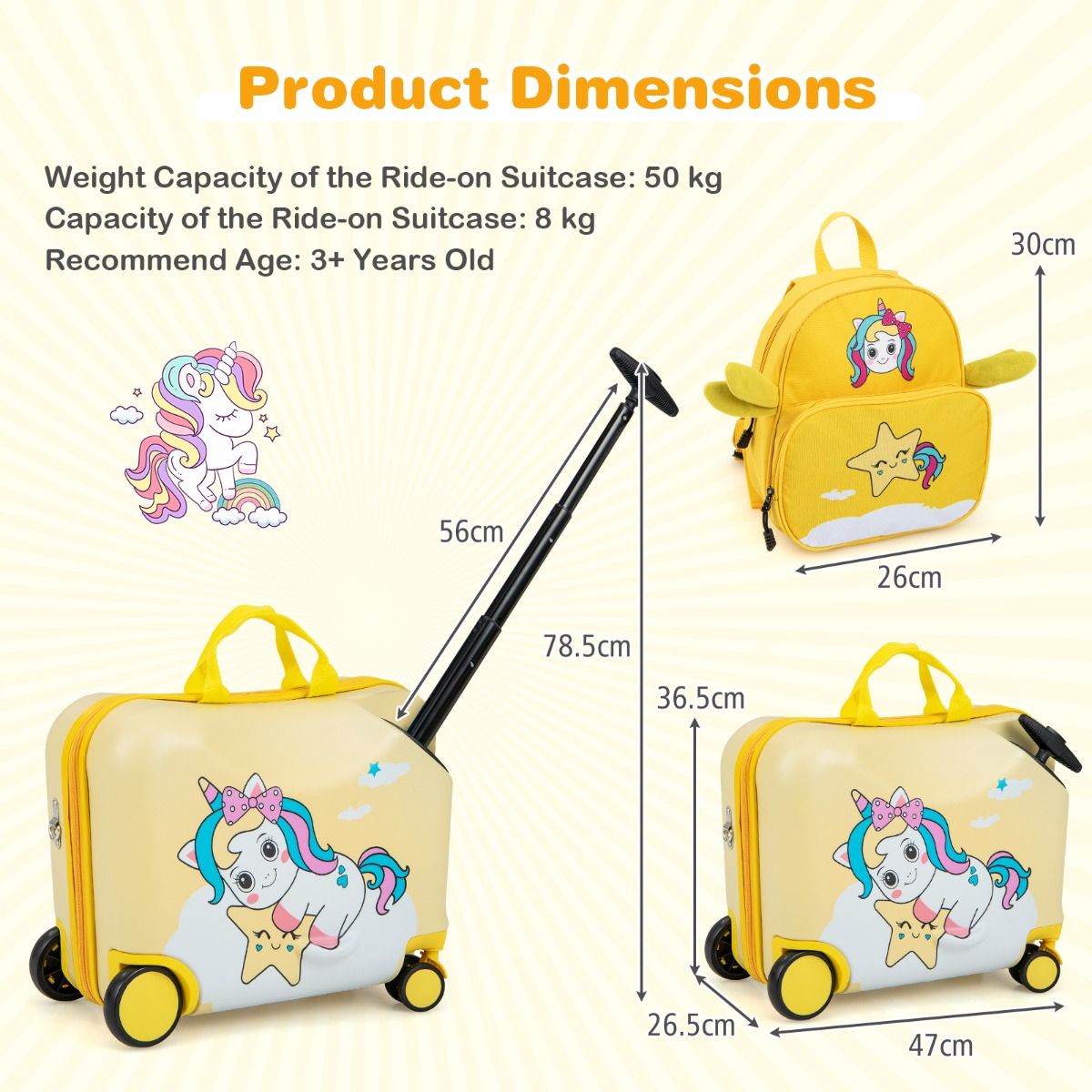 Ensemble valise et sac à dos pour enfants Coast - Valise à roulettes - Sac à dos avec un adorable motif d'abeilles - Jaune