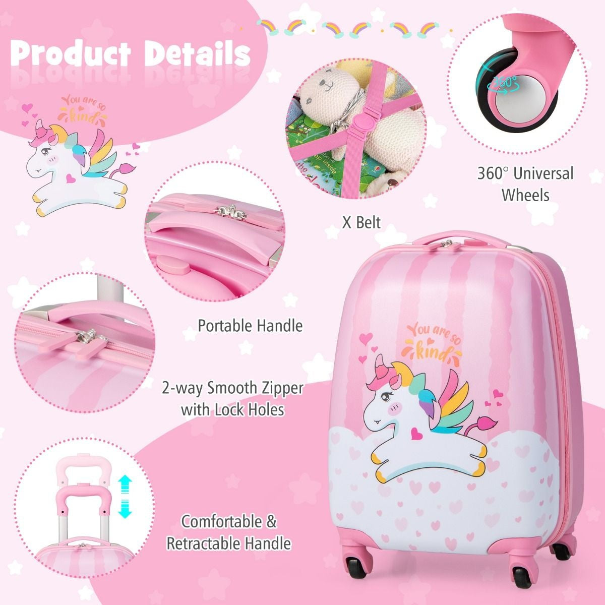 Coast valise + sac à dos pour enfants - licornes - 2 pièces - bagage à main - rose