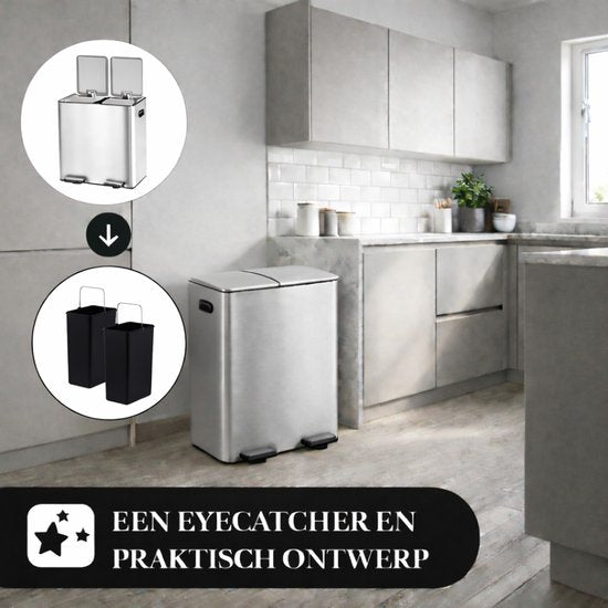 Bayt Poubelle - Poubelle 60 litres (2x30) - Poubelle 60 litres - Poubelle à pédale 60 litres - Poubelle Séparation des déchets - Poubelle 2 compartiments - Poubelle - Acier inoxydable - Argent