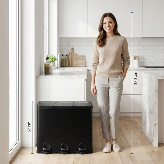 Bayt Poubelle - Poubelle 60 litres - Poubelle 60 litres - Poubelle à pédale 60 litres - Poubelle 3 compartiments - Poubelle tri sélectif - 3x 20 litres - inox - Noir