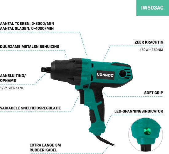 VONROC Clé à chocs 450W - 350Nm - prise 1/2" - 4 douilles à écrou incluses - câble 3m - Soft Grip - convient pour le changement de pneus