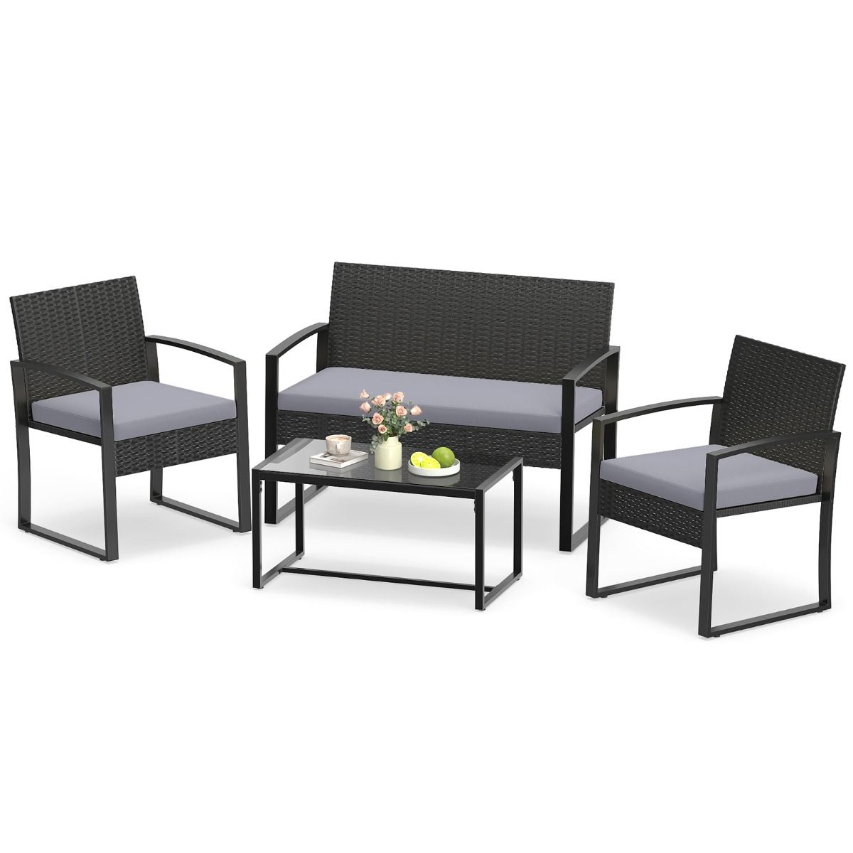 Ensemble de jardin Coast pour 4 personnes – comprenant une table en verre, un canapé 2 places et 2 fauteuils – gris