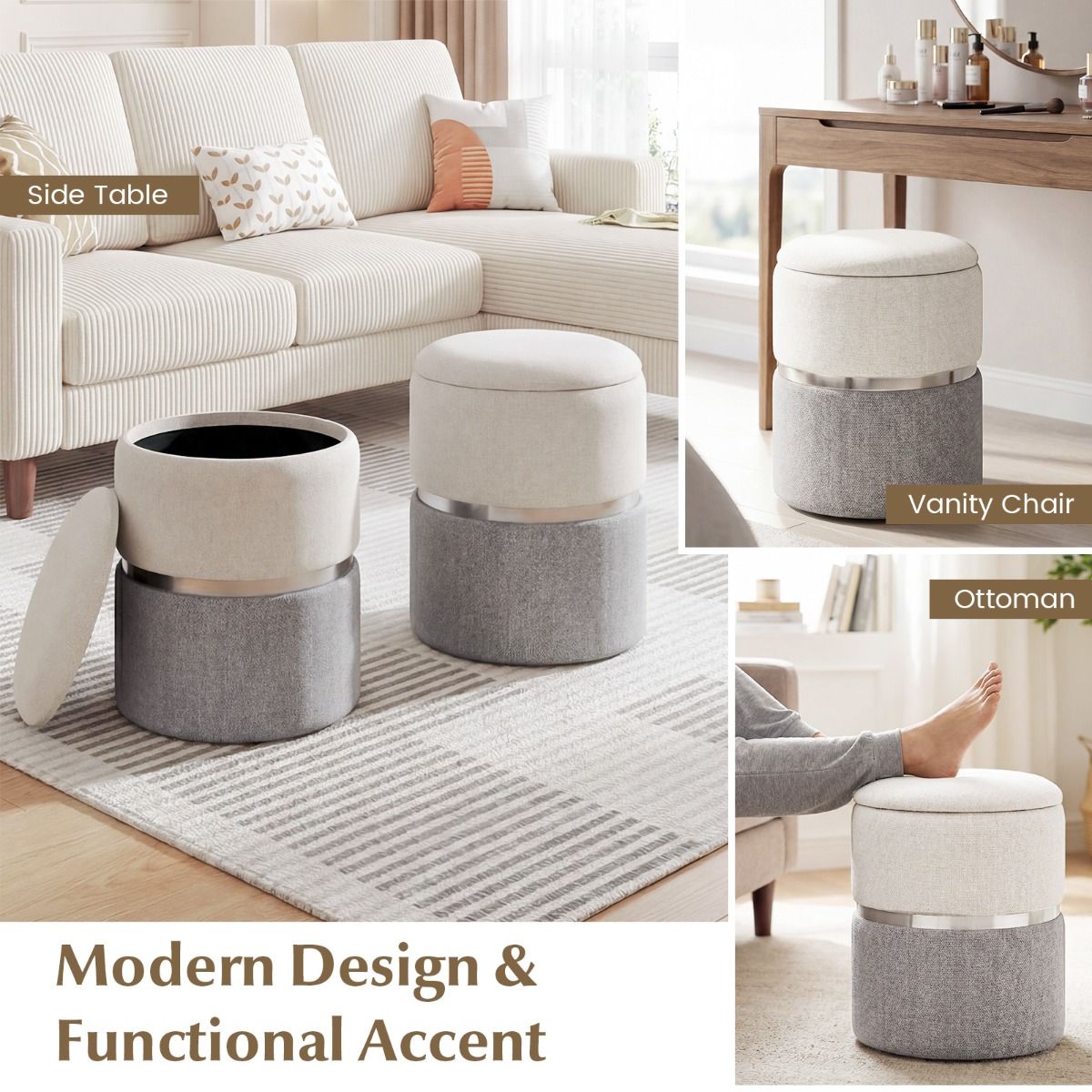 Ensemble de poufs de rangement Coast - lot de 2 poufs ronds - tissu en lin - anneau décoratif argenté - beige et gris