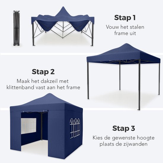LifeGoods Tente de réception - Pavillon - EasyUp - Pliable - 4 parois latérales - Imperméable - Avec sac de transport à roulettes - 3x3 mètres - Bleu foncé