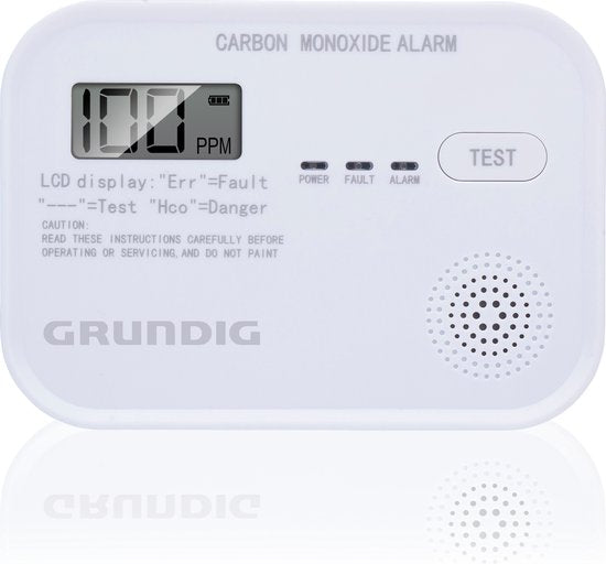 Détecteur de CO Grundig - Détecteur de monoxyde de carbone avec batterie de 10 ans - Compteur de CO avec écran LCD, alarme de niveau de batterie faible et alarme d'erreur de capteur - Détecteur de Co2 avec alarme 85dB - Montage mural - Blanc