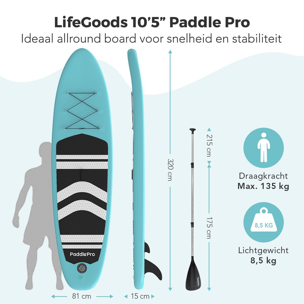 LifeGoods SUP Board - Inflatable Paddle Board - Set complet - Max. 135KG - 320x81cm - Vert menthe/Noir