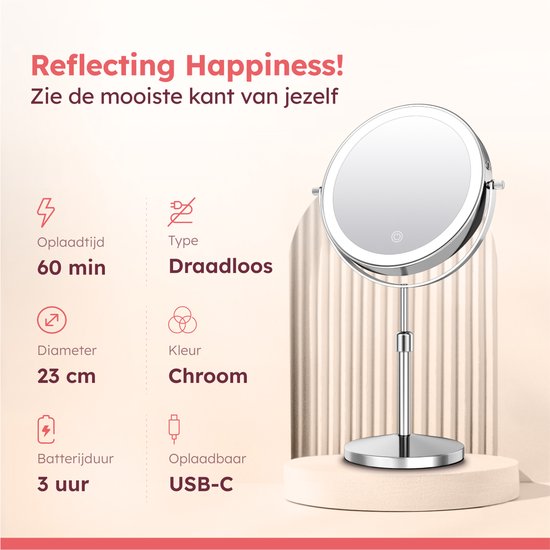 Fraay Miroir de maquillage avec éclairage LED Ø20 cm - Grossissement 10x - Rechargeable - Double face - Dimmable - 3 modes d'éclairage - Chrome