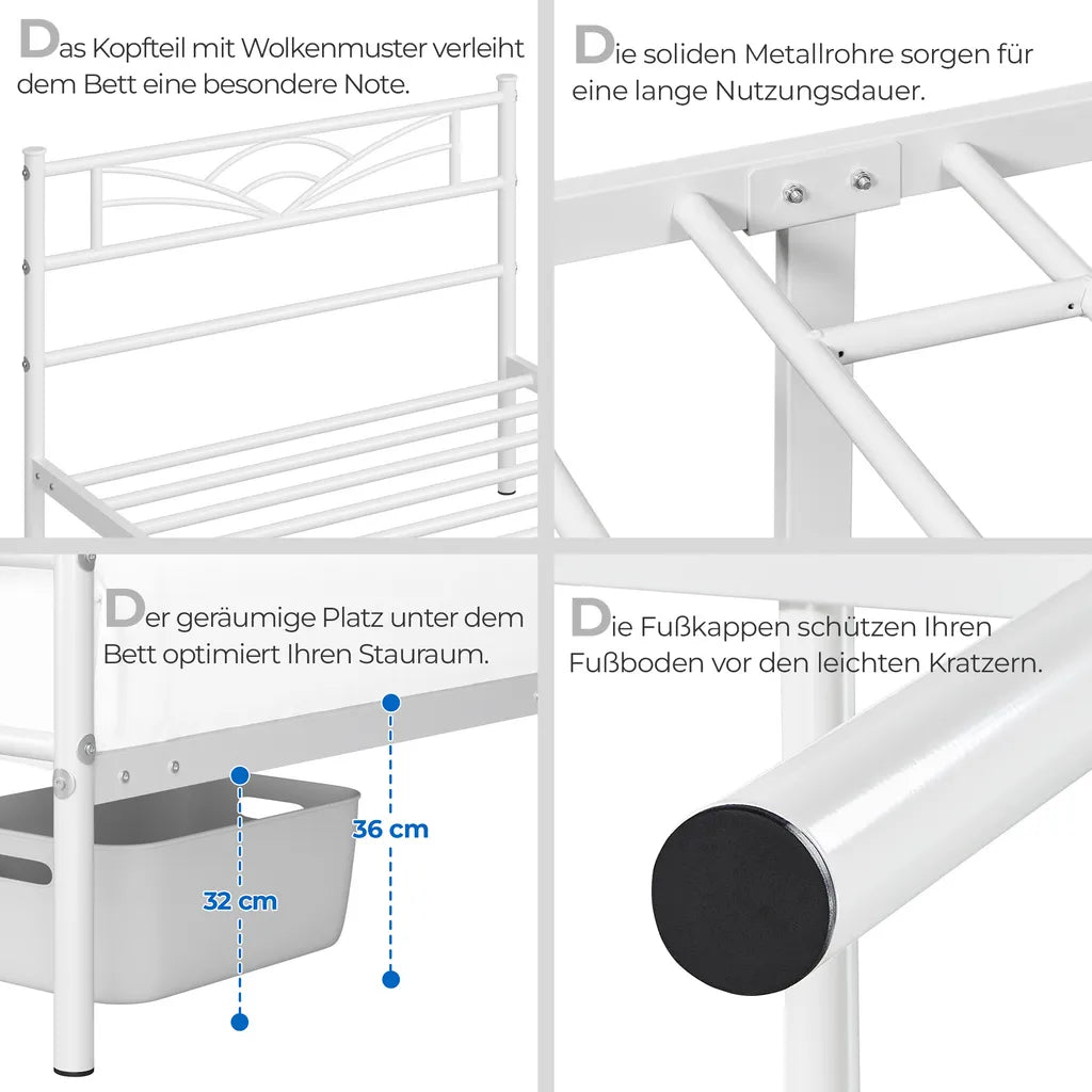 Yaheetech Cadre de lit en métal blanc - 90 x 200 cm - Tête de lit motif nuage - 207.5 x 96.5 x 88.5 cm