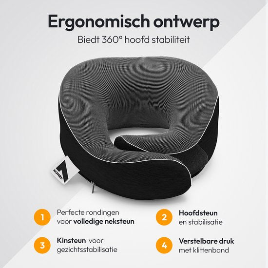 NOHRD Oreiller cervical pour avion - Oreiller de voyage - Noir - Mousse à mémoire de forme - Bouchons d'oreille, masque de sommeil et sac de transport inclus - Mousse à mémoire de forme - Soutien cervical