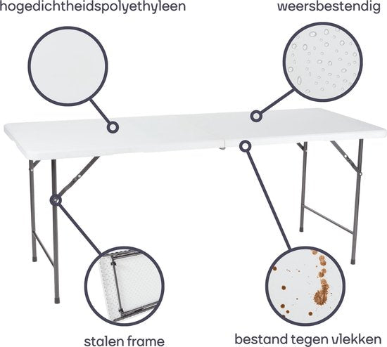 Perel Table pliante, pliable, résistante aux intempéries, poignée, maximum 100 kg, blanc